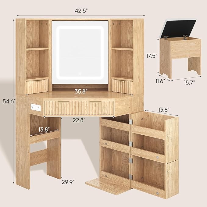 Fluted Corner Vanity Desk with Mirror Lights, Makeup Vanity with Charging Station, Drawers & Rotating Cabinets, Corner Vanity with Storage Bench, for Bedroom, Natural Wood