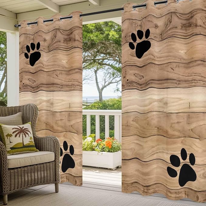 Wood Grain Outdoor Curtains for Patio Claws Animals Wooden Brown Waterproof