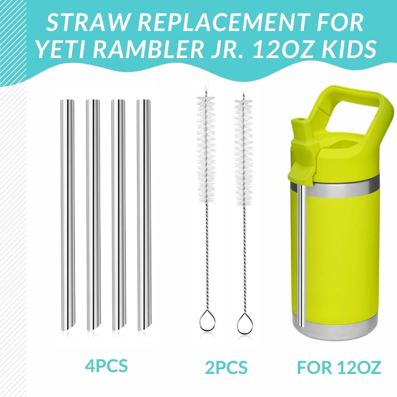 4PCS Replacement Metal Straw for YETI Rambler Jr. Water Bottle, Reusable Stainless Steel Replacement Straws with 2PCS Cleaning Brushes Compatible with YETI Rambler Jr. Bottle (12oz)