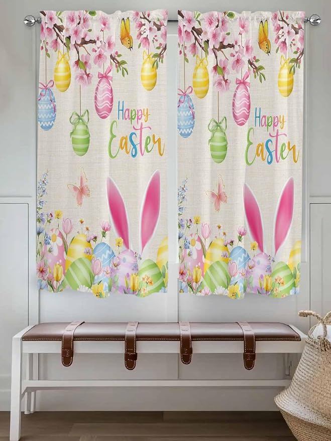 Happy Easter Bedroom Curtains 63 Inches length, Spring Farmhouse Bunny Eggs