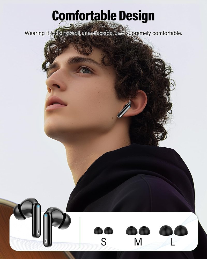 Wireless Earbuds, Bluetooth 5.4 Headphones Bass Stereo, Ear Buds with Noise Cancelling Mic, LED Display in Ear Earphones Clear Calls, IP7 Waterproof Bluetooth Earbuds for Phones/Sports/Laptop, Black