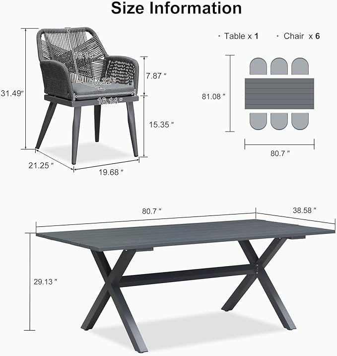 PURPLE LEAF Outdoor Patio Dining Set All-Weather PE Rattan Furniture Set with All Aluminum Frame Rectangular 7 Pieces Table and Chairs Set for 6 People Lawn Garden Backyard Deck, Grey