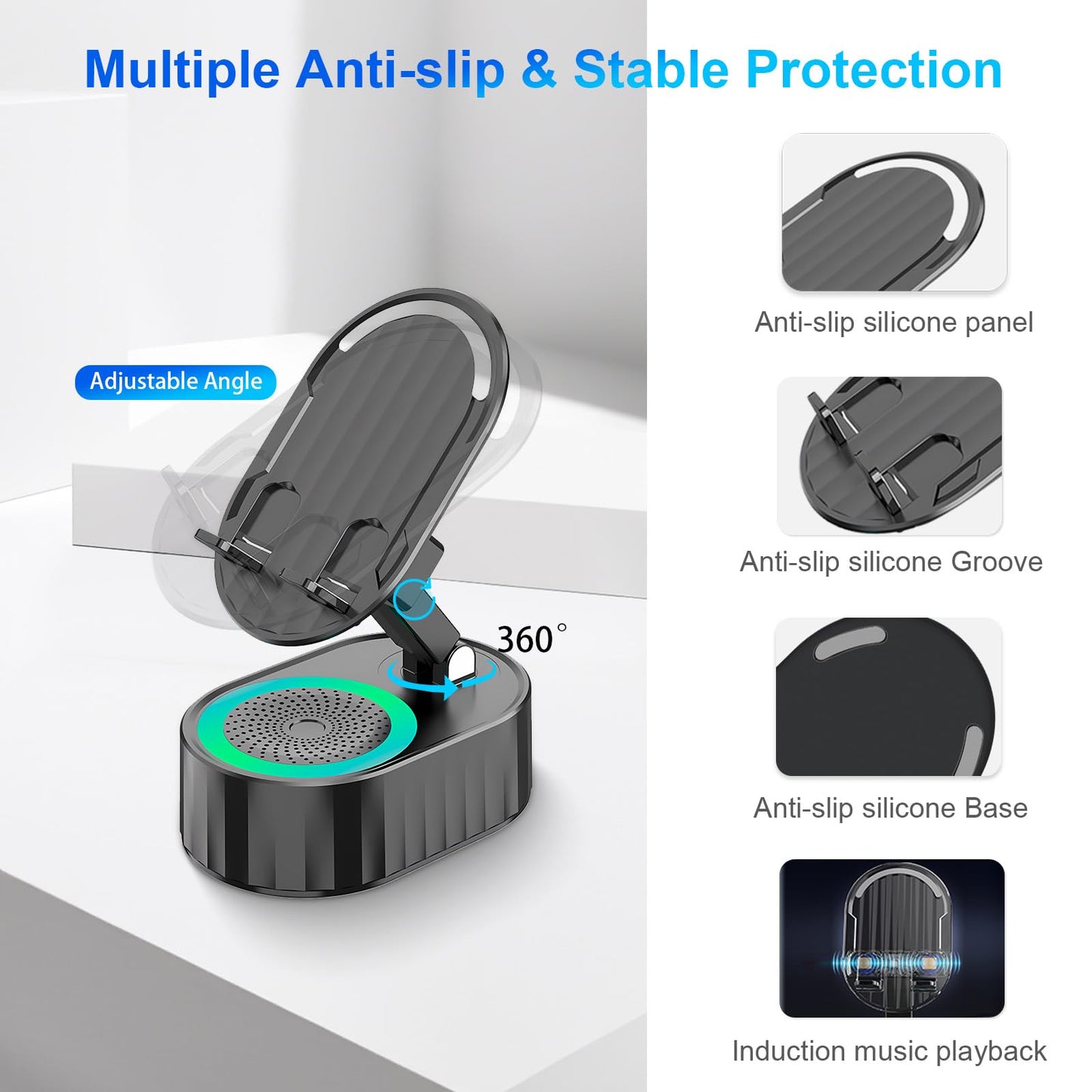Cell Phone Stand with Wireless Bluetooth Speaker,Induction Speaker HD Surround Sound for Home and Outdoor,Compatible with iPhone/ipad/Samsung Galaxy