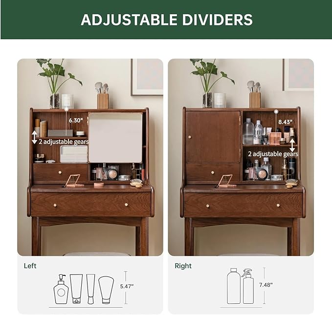 Small Vanity Desk with Mirror, Solid Wood Dressing Table, Movable Drawer Divider, Extendable Table Board for Bedroom, Walnut Color, 25" D x 16.5" W x 50" H