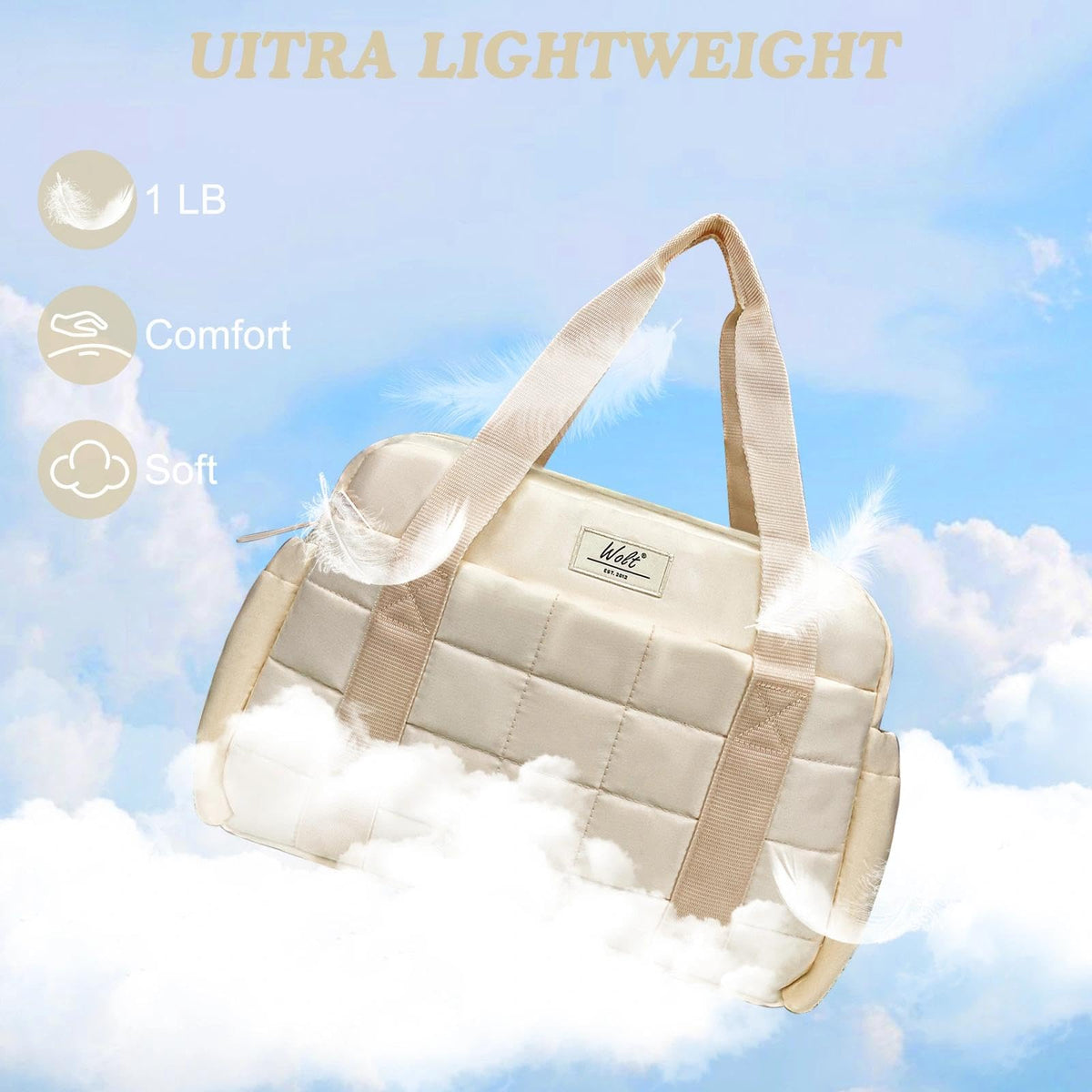 WOLT Small Gym Bag for Women, 14 inch Lightweight Gym Duffle Bag with Wet Compartment Quilted Tote for Sports Workout, Beige