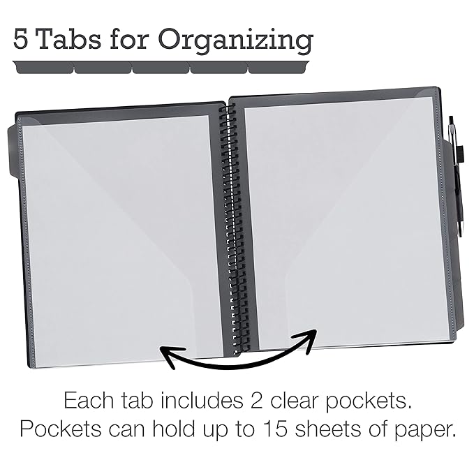 Samsill Spiral Folder Organizer - 12 Dividers & 24 Pockets with Notepad Holder, Multi Pocket Color Cordinated Folder Binder with Customizable Tabs, Document Organizer (Grey)