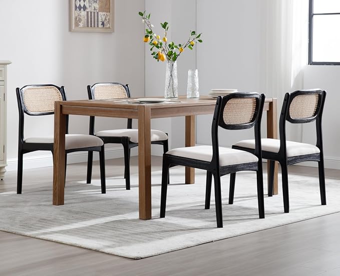 EALSON Mid Century Modern Rattan Dining Chairs Set of 4 Upholstered Linen Dining Room Chairs with Cane Back Farmhouse Kitchen Chairs Comfy Side Chairs with Black Wood Frame,Beige
