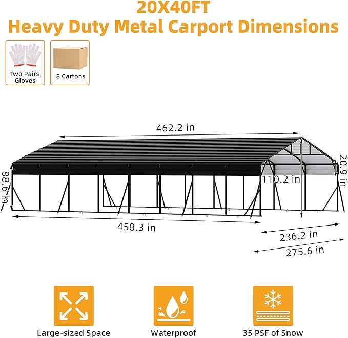 20' x 40' Heavy Duty Metal Carport With Galvanized Steel Roof, Metal Roof Carport With Enhanced Base, Tall MetalCarport Kits Garage for Tractors, Pickup, Boat, Car