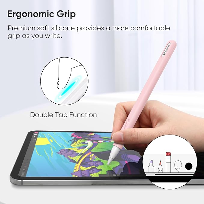 Fintie Silicone Sleeve for Apple Pencil Pro & Apple Pencil 2nd Generation, Light Pen Skin Case Cover Soft Protective Grip Holder with 2 Nib Covers Accessories, Pink