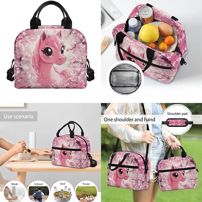 Cherry Blossom Horse Backpack for Kids Girls School Bag Set with Lunchbox Pencil Case Water Bottle Sleeve Elementary Kindergarten Preschool Bookbag Travel Daypack
