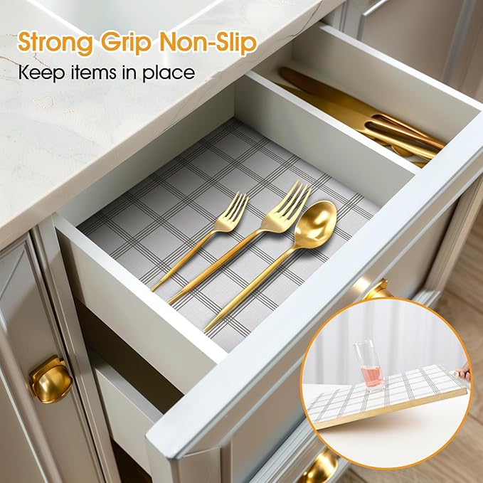 Shelf and Drawer Liner for Kitchen Cabinets Non-Adhesive, Strong Grip Non-Slip Thickened Cabinet Liners for Shelves, Waterproof Mats for Dresser Cupboard, White Square, 12 in x 30 Feet