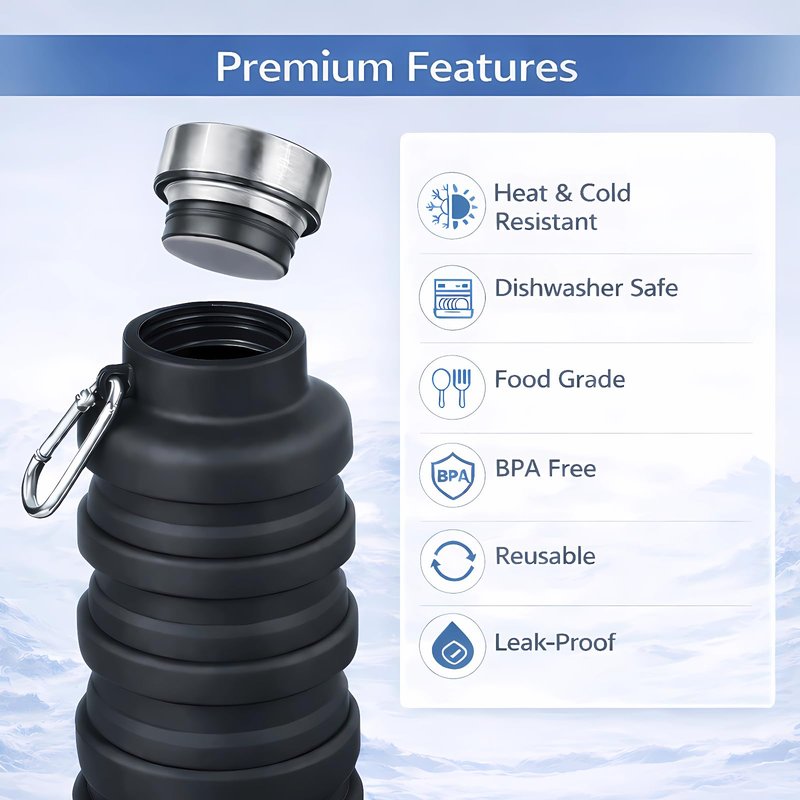 Collapsible Water Bottles,16oz Capacity Portable Reusable Silicone Water Bottle,Leak-proof,with buckle,foldable storage,Lightweight Durable for Fitness,Cycling,Sports,Camping,Hiking，Deep Black