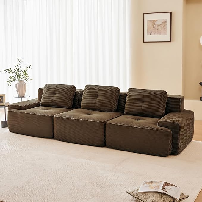 115" Modern Corduroy Cloud Sofa, Boneless Modular Large Sectional Couches for Living Room, Brown 3 Seater Compressed Memory Foam Couch, Extra Deep Seat, No Assembly