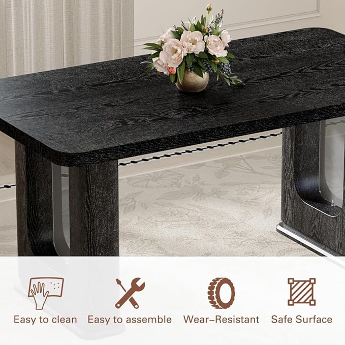 64.5" Black Dining Table Set for 6, Modern Kitchen Table and Chairs Set with PU Leather Cushioned Chairs & Decorative Pedestal Base, 7 Piece Wood Grain Dining Table Set for Dining Room or Kitchen