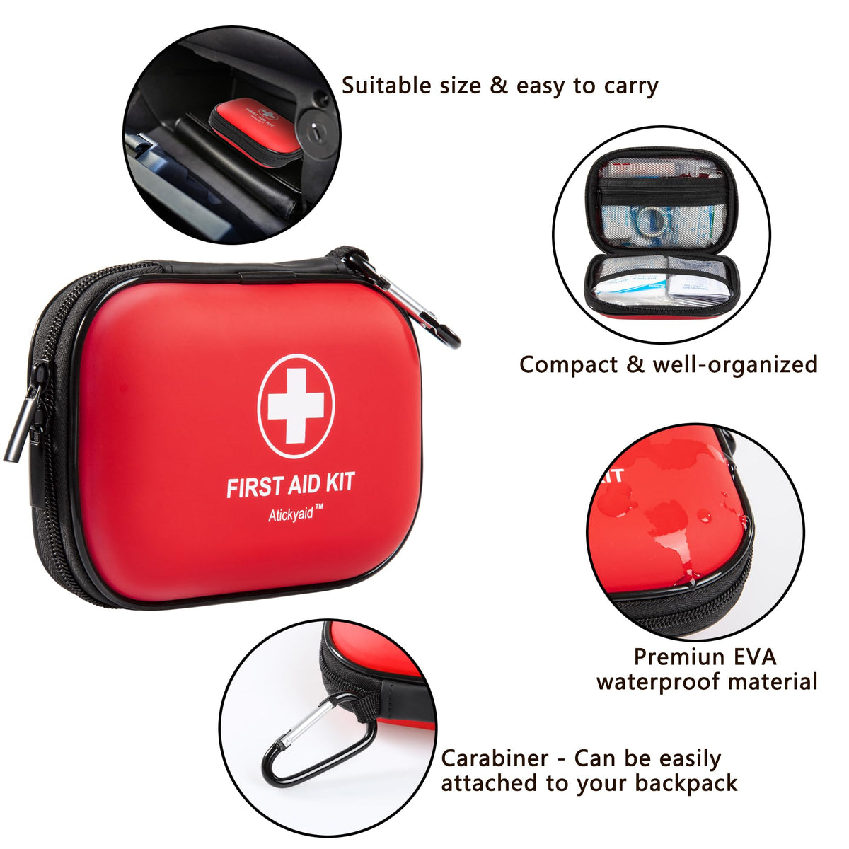 Mini First Aid Kit - 120 Piece Small Waterproof Hard Shell Medical Kit for Car, Home, Office, Travel, Camping, Sports, Outdoor, School - Emergency First Aid Supplies and Survival Kit (Red)