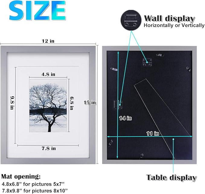 Egofine 11x14 Picture Frame Made of Solid Wood with Plexiglass, Display Pictures 5x7/8x10 with Mat or 11x14 Without Mat, for Table Top Display and Wall Mounting Photo Frame, Light Grey