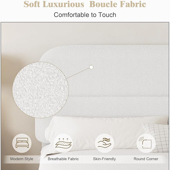 HOMBCK Full Size Bed Frame, Boucle Upholstered Bed Frame Full with Headboard and Thickened Footboard, Rounded Corners, No Box Spring Needed, Easy Assembly, White