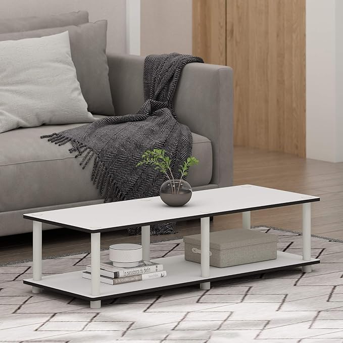 Furinno JUST TV Stand, 2-Tier Wide Entertainment Center with Open Shelf, No Tools TV Console for TV up to 46 Inch with Tubes, for Living Room, Bedroom, Plain White