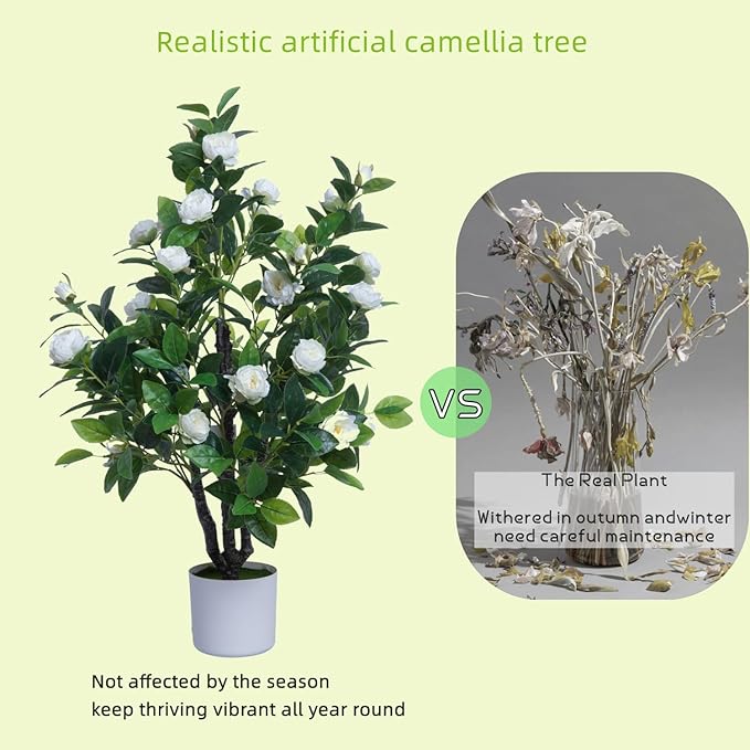 Artificial Camellia Tree 35in Faux Floral Plant with White Flowers and Green Leaves - No Maintenance Indoor Outdoor Office Home Porch Decor Housewarming Gift(2Pack，White)