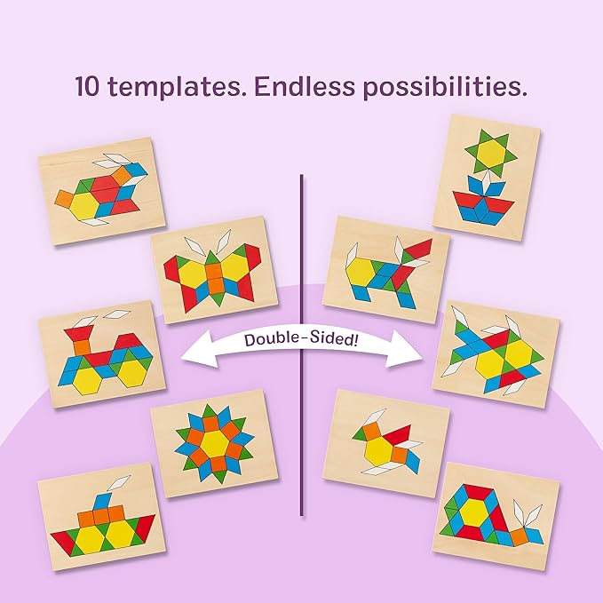 Melissa & Doug Pattern Blocks and Boards with 120 Multi-Colored Wooden Shape Tiles, 5 Double-Sided Puzzle Boards, Tangram Puzzles, Montessori Toys for Girls & Boys