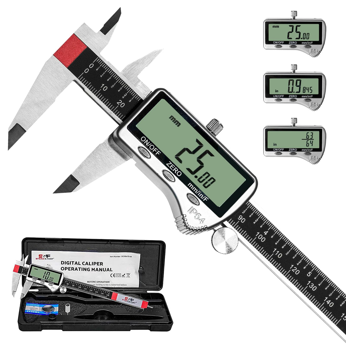 S&F STEAD & FAST Digital Caliper Measuring Tool 6 inch with Extra Large LCD Screen, Stainless Steel Micrometer Caliper Digital IP54, Measures Inch Mm Fraction for Workshop, 3D Printing