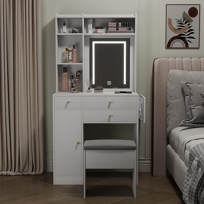ARTETHYS Vanity Desk with Mirror and Lights White Makeup Vanities Set with Storage Chair Dressing Table with Drawer and Fold-up Panel for Bedroom