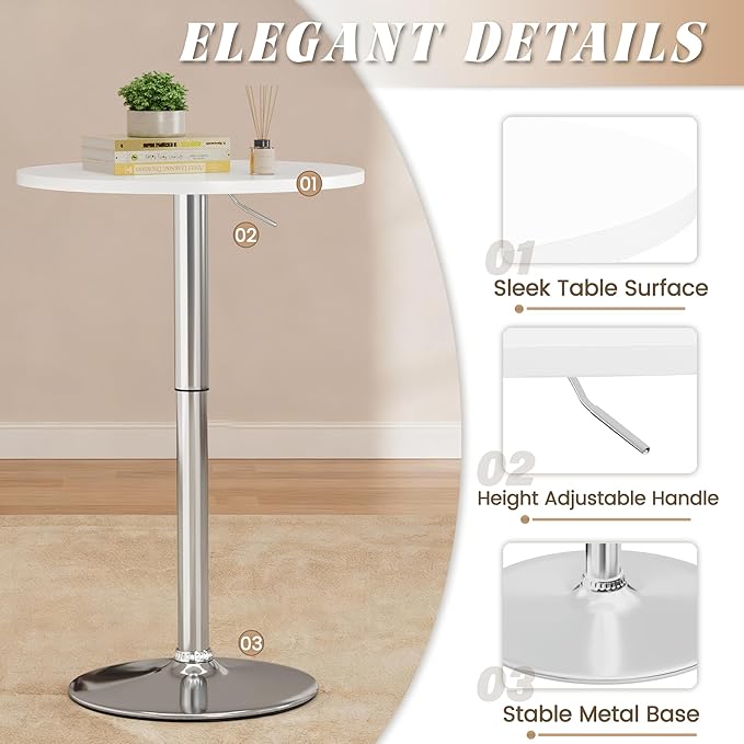 Shahoo Round Bar Table, Adjustable Height and 360° Swivel Bistro Pub Table, Cooktail Table for Bar, Bistro, Dining Room, White with Silver Base