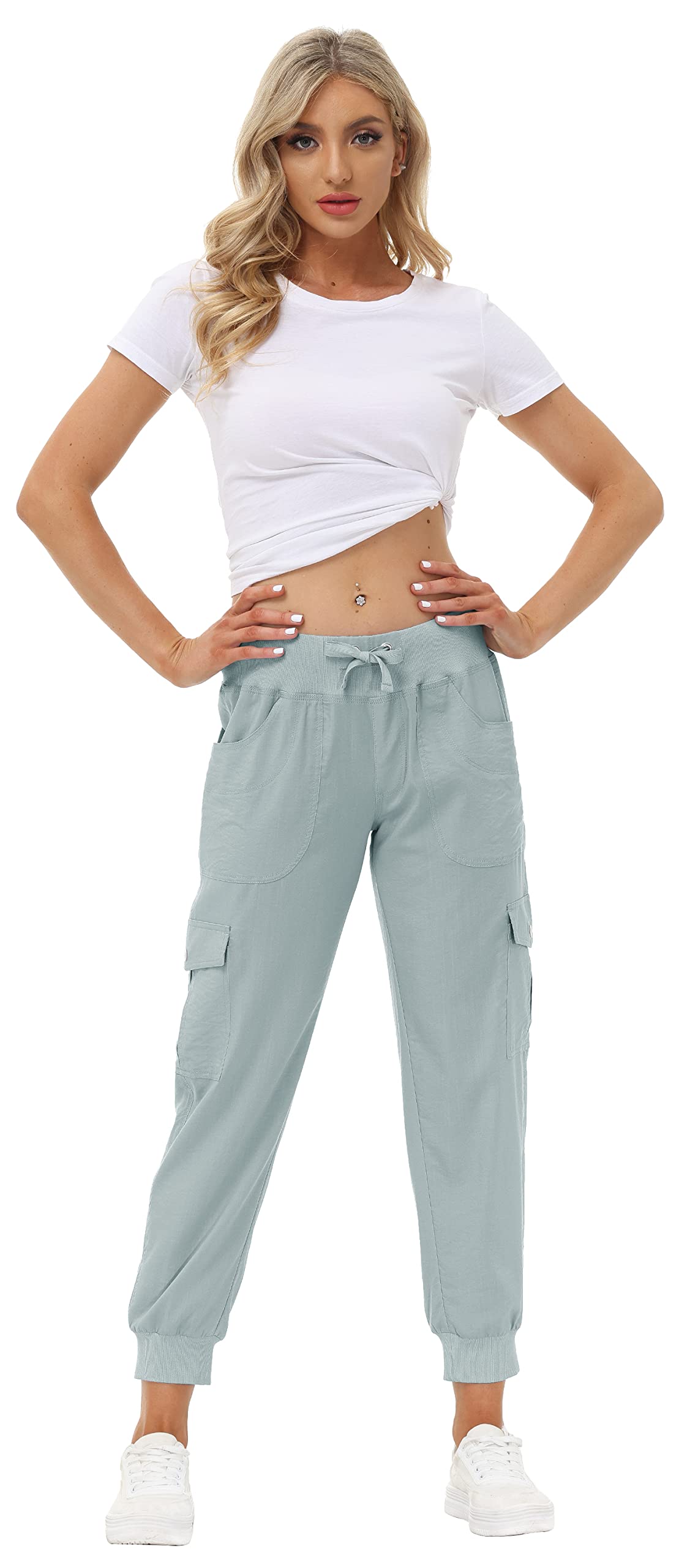 MoFiz Women Cargo Pants with Pockets Lightweight Outdoor Summer Travel Casual Hiking Pants Running Joggers Sweatpants Elastic Waist Light Grey M