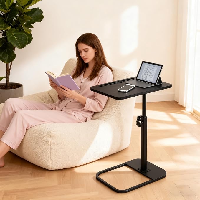 jessie Tv Tray Table, Adjustable Tray Table for Couch 360° Swivel C Shaped End Table with Phone Tablet Slot for Living Room, Sofa, Bedside, Bathroom (Black)