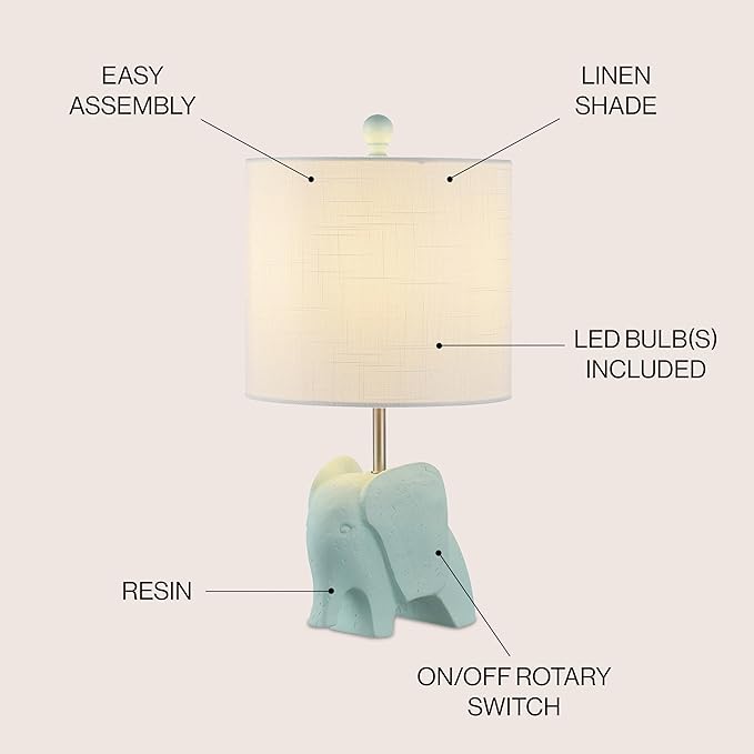 JONATHAN Y 17.5" Turquoise Elephant Kids Table Lamp, Whimsical Resin Bedside Lamp with White Linen Drum Shade for Bedroom Playroom Nursery, LED Bulb Included, UL Listed (JYL1143B)