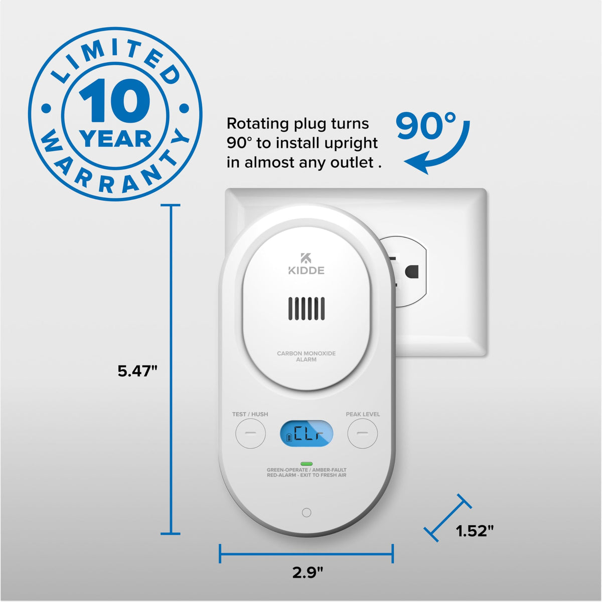 Kidde Carbon Monoxide Detector, Plug-in with AA Battery Backup, Easy-to-Read Digital Backlit Display, 85 dB Alarm, Rotating Plug, LED Status Light Indicators, 5th Edition, COPD