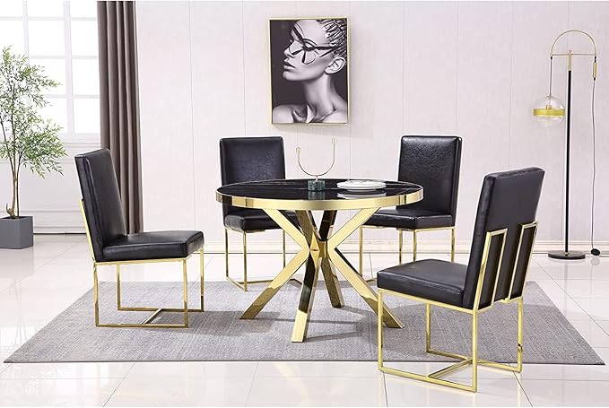 AUZ Black and Gold Faux Leather Dining Chairs Set of 6, Mid-Century Modern Luxury Upholstered Kitchen Room Chairs with Polished Stainless Steel Sled Legs