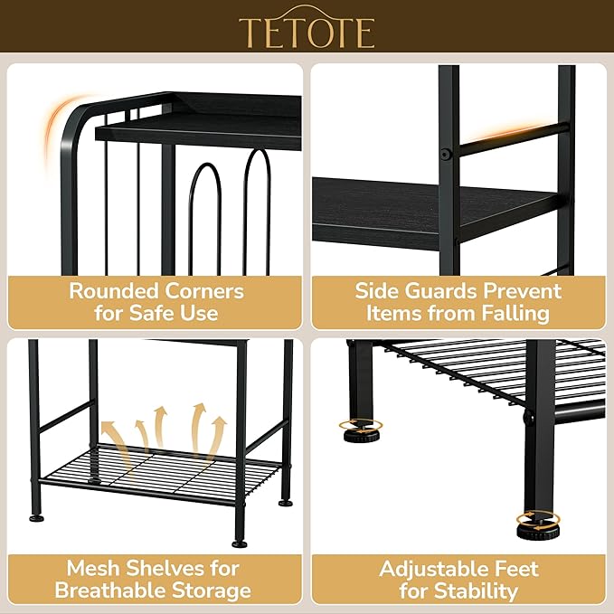 TETOTE 5-Tier Towel Storage for Bathroom Free Standing Towel Rack with M-Shaped Detachable Dividers& Hooks, Pool Towel Organizer Shelf Black