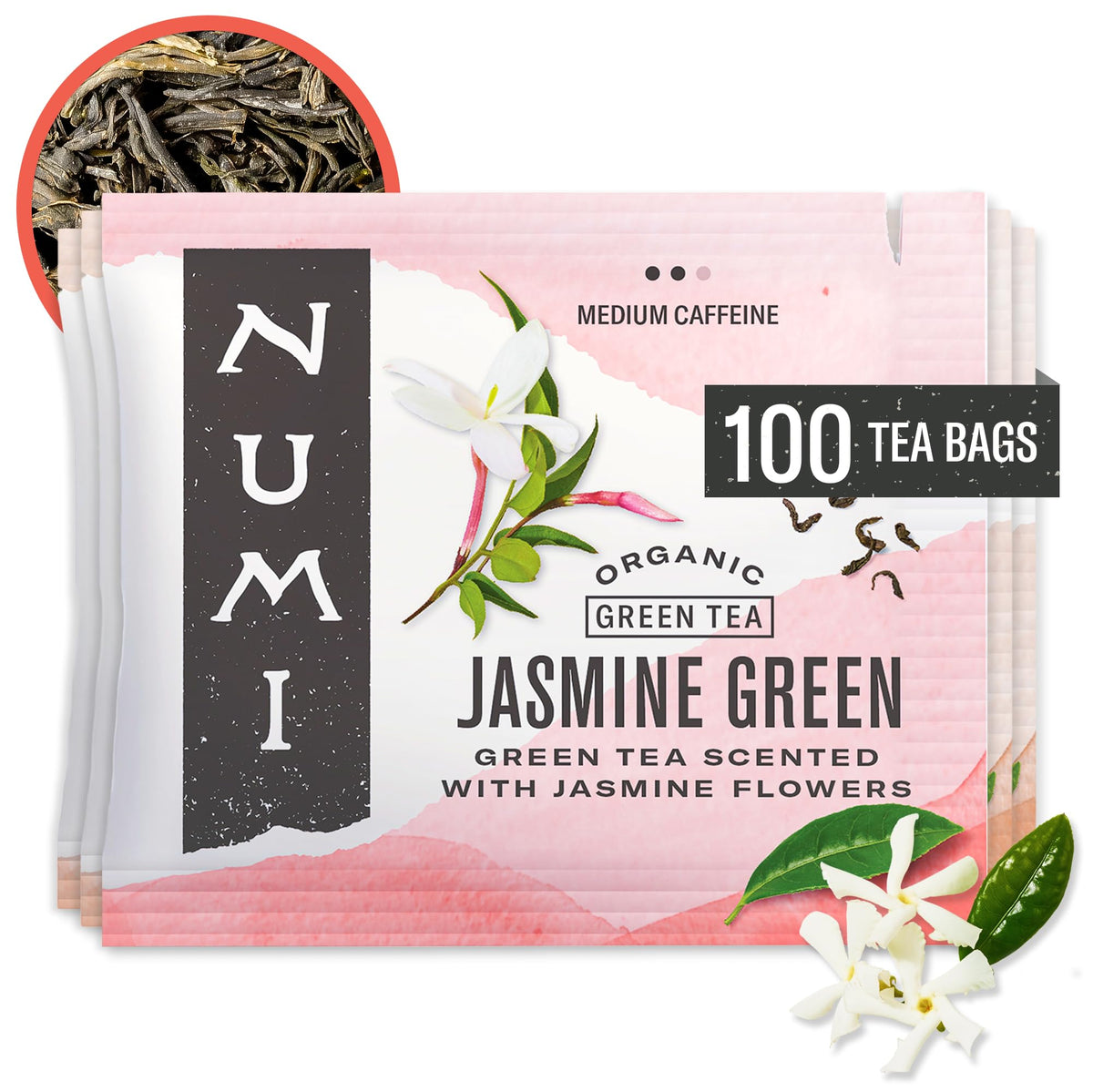 Numi Organic Jasmine Green Tea, 54 Green Tea Bags with Real Jasmine Flowers