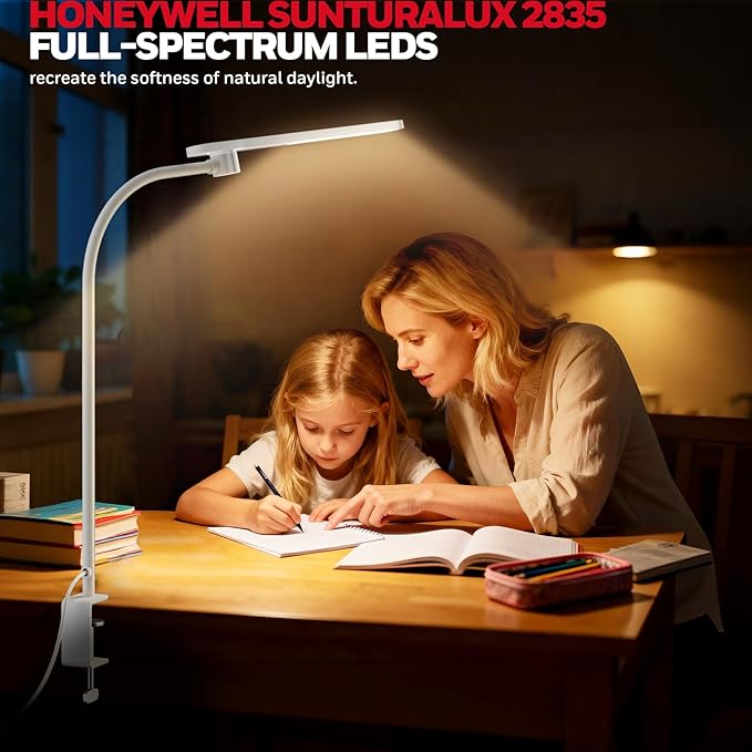 Honeywell HJ2 Gooseneck LED Desk Lamp with Clamp,3-Color Stepless Dimming.Flexible Metal Lamp Arm,CRI ≥ 97.Adjustable Small Desk Lamp for Home Office,Studying, Reading, Artists & Crafters（White）