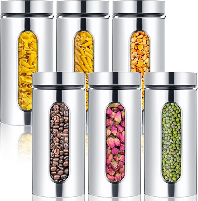 Mimorou 6 Pack 44 oz Airtight Stainless Steel Kitchen Canisters, Silver