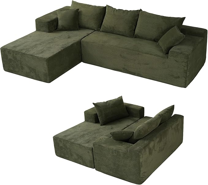 Green Sectional Couches for Living Room, Boneless Couch with L-Shape Chaise, Modular Sofa in Box with Deep Seat, No Assembly Required