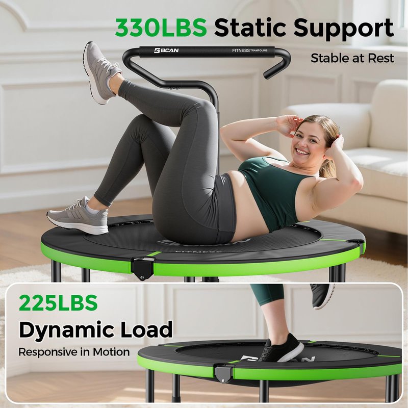 BCAN 40"/38" Foldable Mini Trampoline, Rebounder Trampoline for Adults, U/T Adjustable Foam Handle, Exercise Rebounder for Adults Indoor/Garden Workout, Max Load 330lbs/440lbs-40IN-T-Handle-Green
