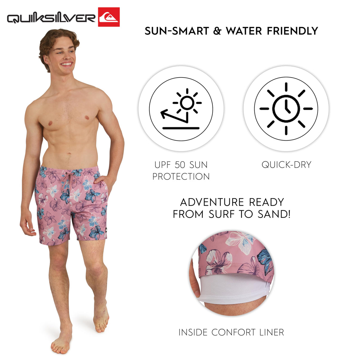 Quiksilver Men's Swimwear Regular Fit Stretchable Comfort Liner Swim Trunks, Floral Design - Dusty Rose, Medium