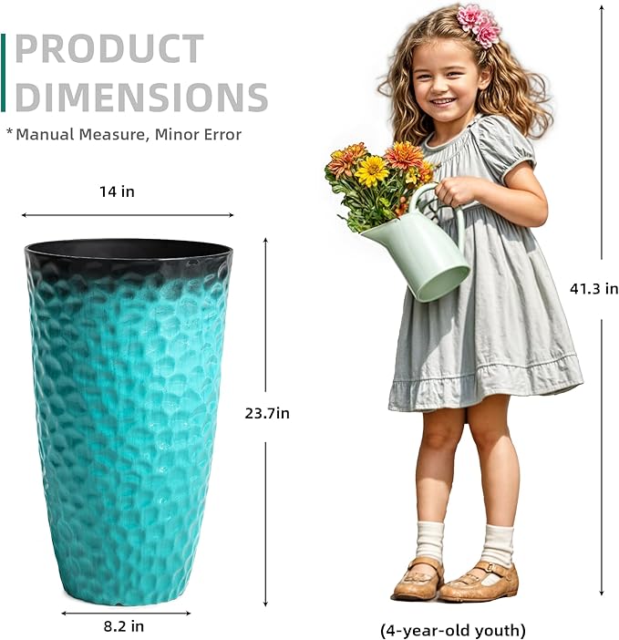 23.75" H Large Tall Outdoor Planters, Set of 2 Plastic Large Flower Pots for Outdoor Plants, with Turquoise Teal Honeycomb Texture, Weather-Resistant for Porch, Garden, Patio or Indoor Use