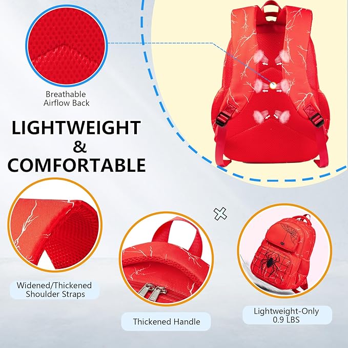 Boys Backpack with Lunch Box Glow in Dark Bookbag Kids Ages 4-12 Kindergarten Elementary School Spider Backpack, Luminous Spider Red