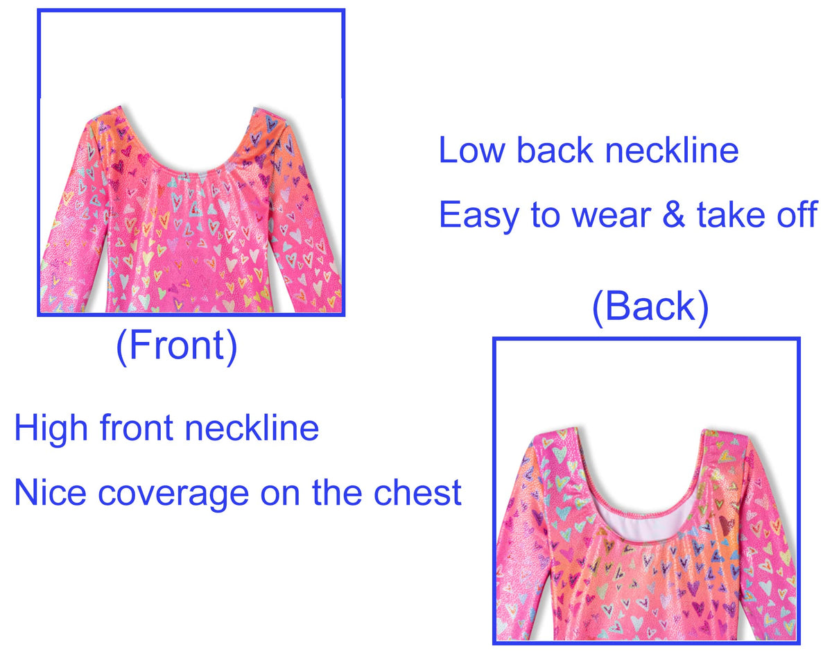 Domusgo Leotard for Girls Gymnastics Size 7-8 Years Old One Piece Shiny Pink Long Sleeve Neon Heart Outfits