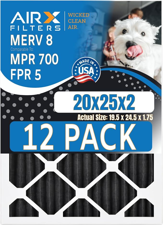 20x25x2 Air Filter MERV 8 Rating, 12 Pack of Furnace Filters Comparable to MPR