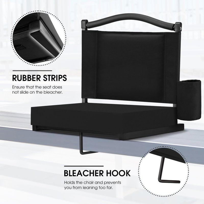 Fragess Bleacher seat, Stadium Seats with Back Support and Thick Cushion, Bleacher Chairs with Shoulder Strap and Side Pocket, Stadium Seat for Bleachers, Perfect for Sports Events(Black)