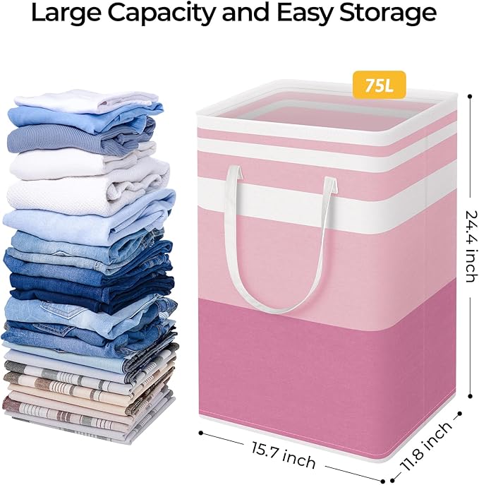 HomeHacks 2 Pack Large Laundry Baskets, Waterproof, Freestanding Laundry Hampers, Collapsible Clothes Hamper with Reinforced Handles in Laundry, College Dorm, Bathroom, Bedroom (Pink, 75Lx2)
