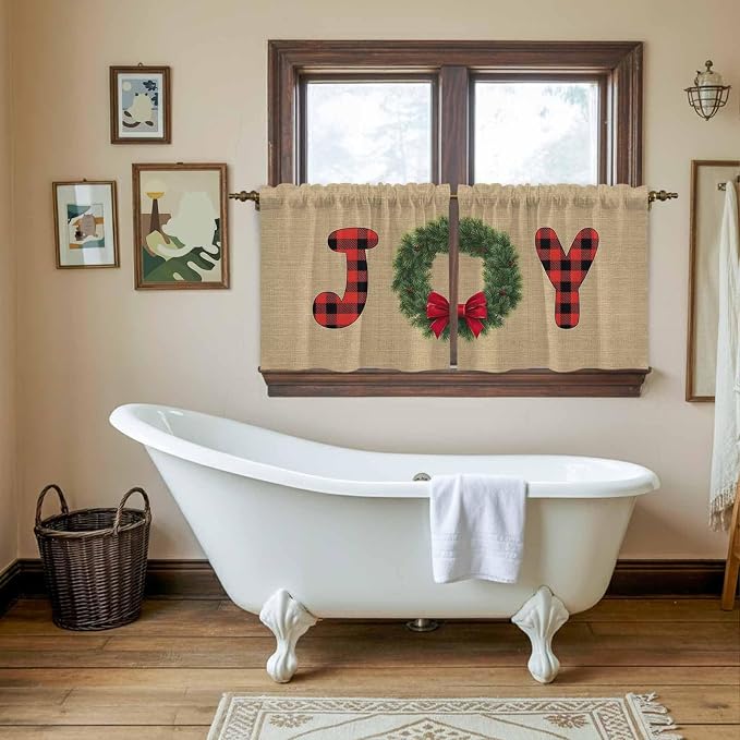 Red Green Christmas Kitchen Tier Curtains 36 Inch Long 2 Panel Set, Rod Pocket