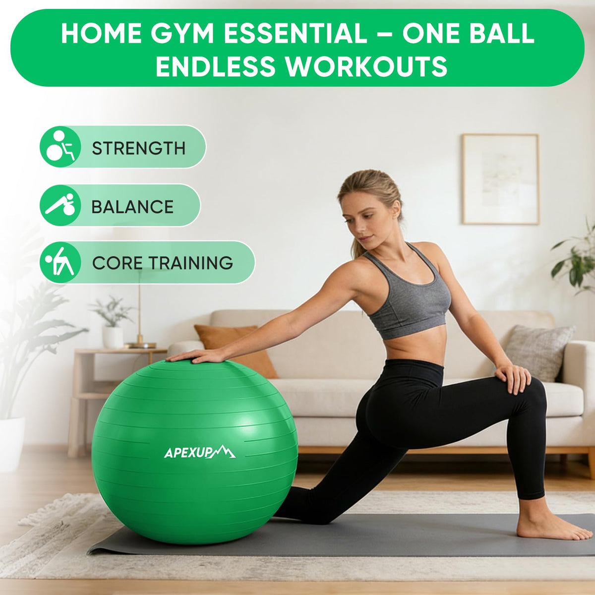 APEXUP Yoga Ball, 660 lbs Anti-Burst Exercise Ball with Pump, 5 Sizes (XXL(31"~34") 85cm, Dark Green)