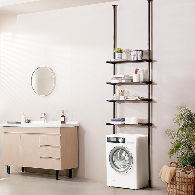 VEVOR Over Toilet Shelf, 4-Tier Adjustable AboveToilet Bathroom Storage, Low-Carbon Steel 53"-132" Tall Storage Shelf Rack, Easy Assembly Laundry Space Saver, for Small Rooms, Fit Most Toilets