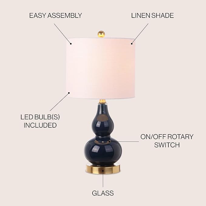 JONATHAN Y 20.5" Navy Glass Table Lamp, Modern Gourd Bedside Nightstand Lamp for Bedroom, Living Room, White Linen Shade, LED Bulb Included (JYL1028F)