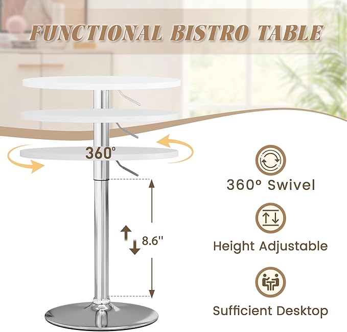 Shahoo Round Bar Table, Adjustable Height and 360° Swivel Bistro Pub Table, Cooktail Table for Bar, Bistro, Dining Room, White with Silver Base